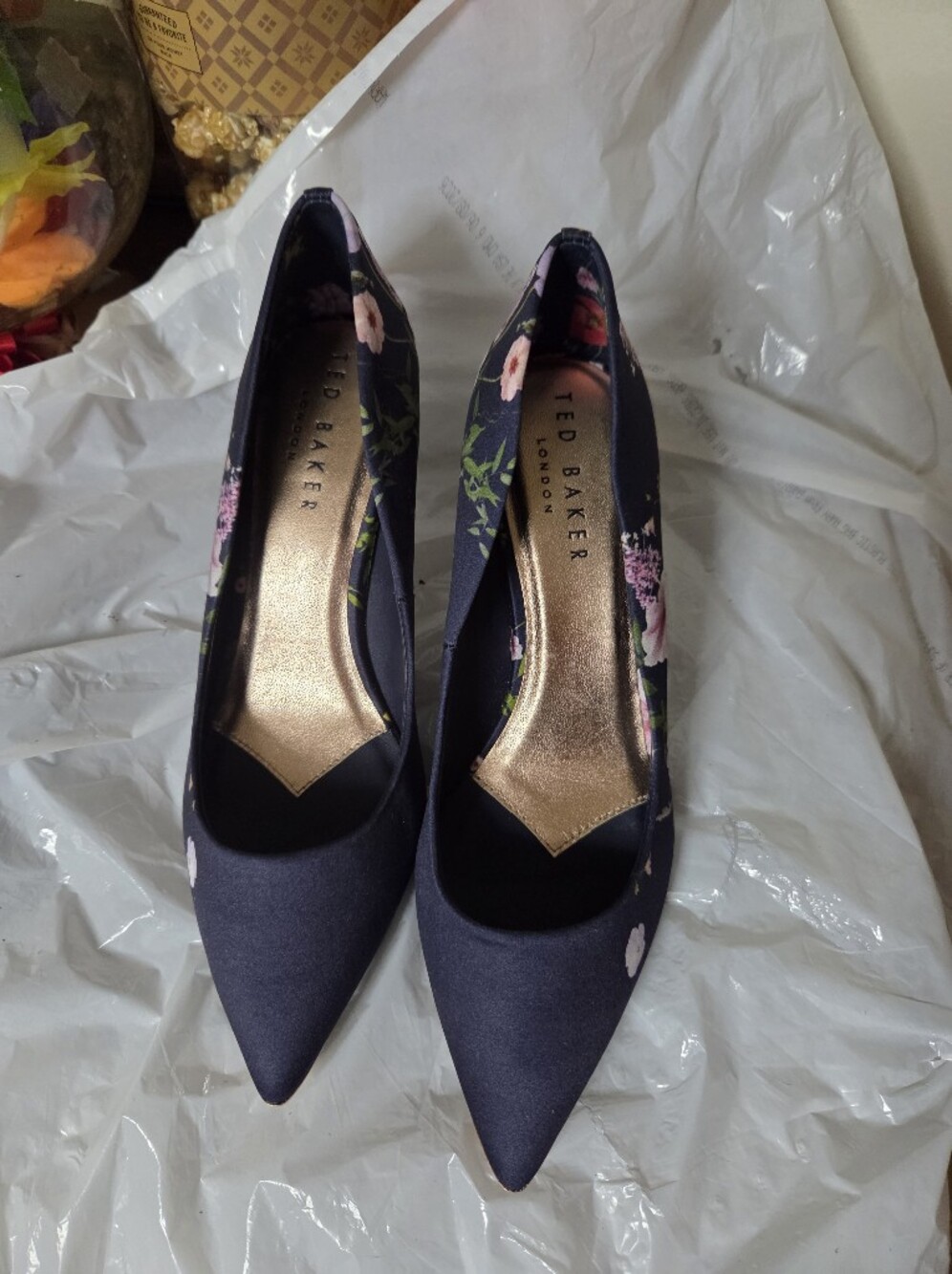Ted Baker Wishirp Navy Floral Pointed Toe Flats with Gold Insole